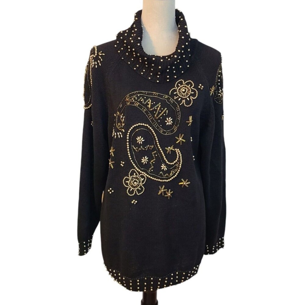 VTG Western Connection Womens M Black/Gold Beaded Cowl Neck Sweater Y2K 80s 90s